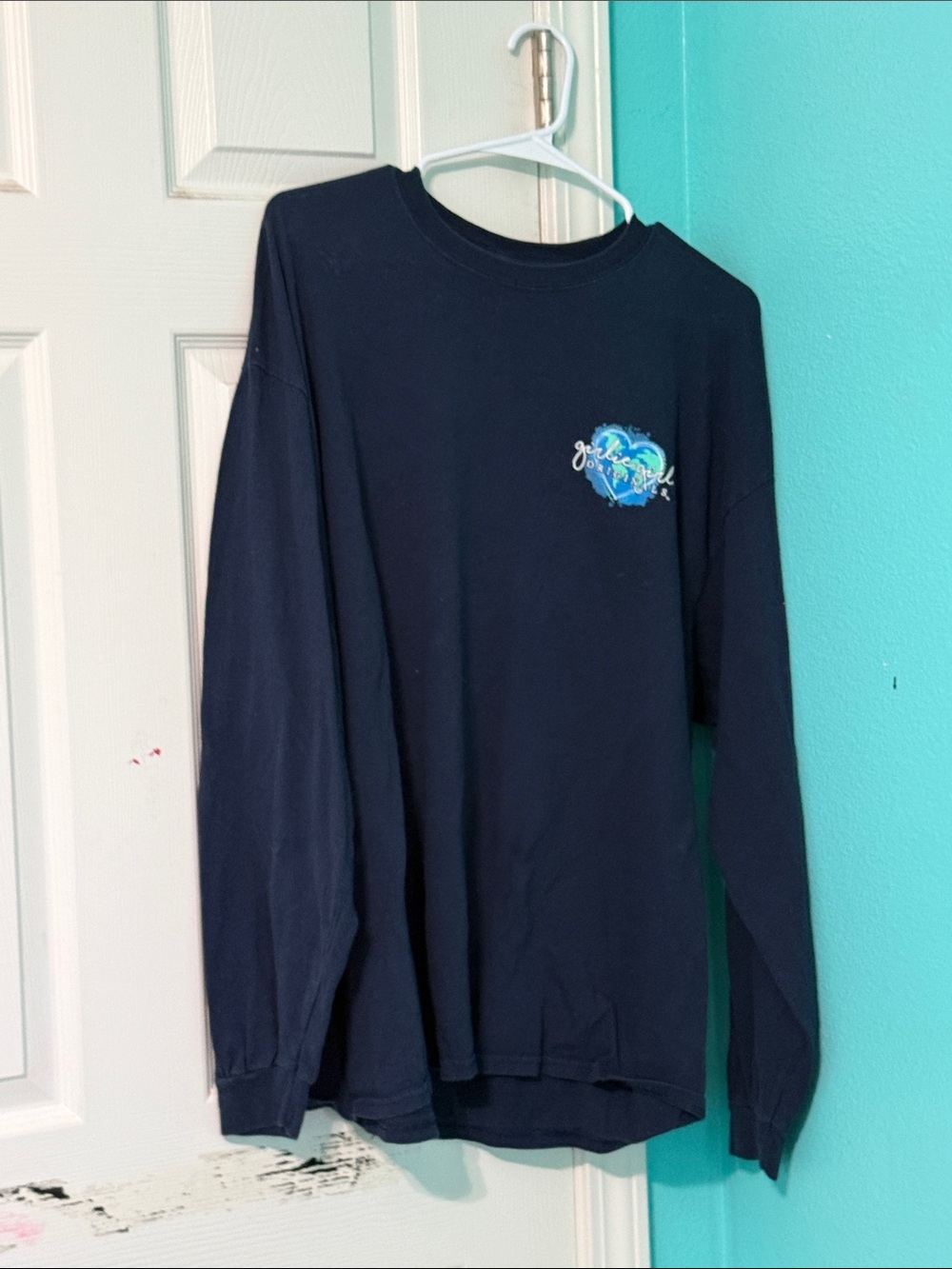 Girly girl originals Navy Long Sleeve Tee with Small Globe Graphic